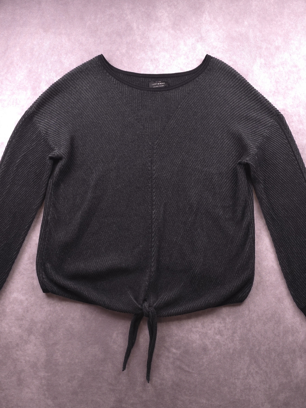 Lucky Brand Women’s XL Black Ribbed Tie Front Sweater Knit Top